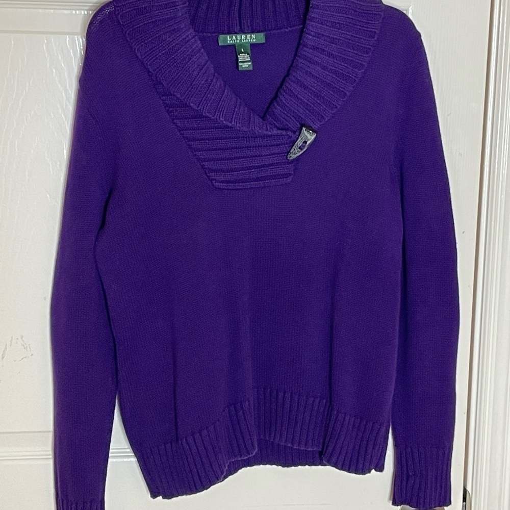 LRL Ralph Lauren Cotton Sweater Purple Pullover Bone Button Green Label Large - Picture 10 of 11
